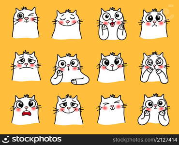 Cat character stickers. Cartoon pets with cute emotions, smiling graphic images of loving animal, vector illustration of funny emoji of cats with big eyes isolated on yellow backgro. Cat character stickers