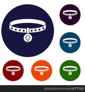 Cat collar icons set in flat circle red, blue and green color for web. Cat collar icons set