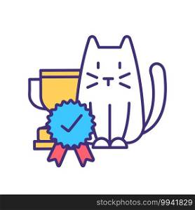 Cat competition winner RGB color icon. Pet exposition award for best kitten breed. Domestic animal ch&ionship. Reward for first place, animal victory. Isolated vector illustration. Cat competition winner RGB color icon