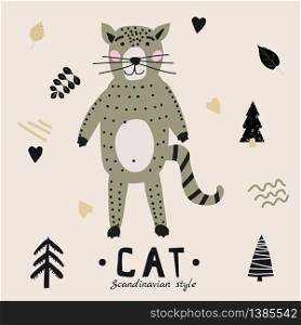 Cat cute funny character. Childish vector illustration in scandinavian style. Cat cute funny character. Childish vector illustration in scandinavian style flat design. Vector illusttration isolated children print poster banner