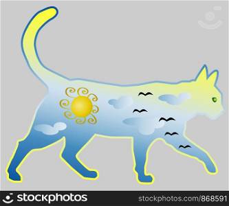 Cat-day. Silhouette of a cat painted with a day sky, with clouds, sun, birds