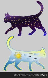 Cat-day. Silhouette of a cat painted with a day sky, with clouds, sun, birds. Cat-night. Cat silhouettes painted with a night sky with stars
