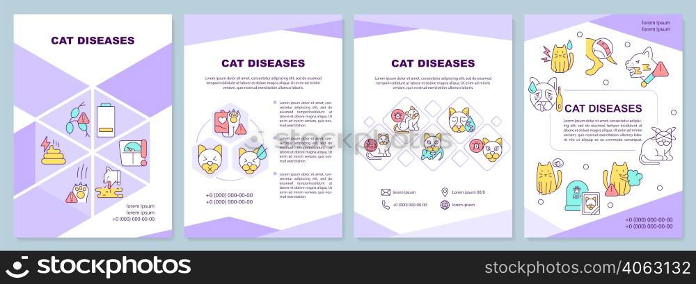 Cat diseases purple brochure template. Symptoms and treatment. Leaflet design with linear icons. 4 vector layouts for presentation, annual reports. Arial-Black, Myriad Pro-Regular fonts used. Cat diseases purple brochure template