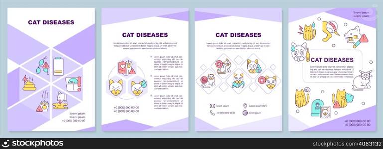 Cat diseases purple brochure template. Symptoms and treatment. Leaflet design with linear icons. 4 vector layouts for presentation, annual reports. Arial-Black, Myriad Pro-Regular fonts used. Cat diseases purple brochure template