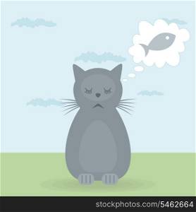Cat dreams. The cat on the nature dreams of fish. A vector illustration