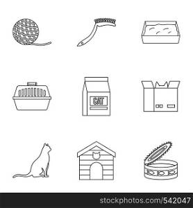 Cat equipment icons set. Outline set of 9 cat equipment vector icons for web isolated on white background. Cat equipment icons set, outline style