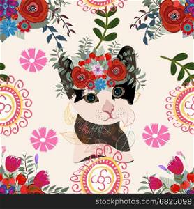 cat floral background pattern, flower, seamless