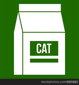 Cat food bag icon white isolated on green background. Vector illustration. Cat food bag icon green