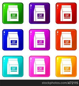 Cat food bag icons of 9 color set isolated vector illustration. Cat food bag icons 9 set