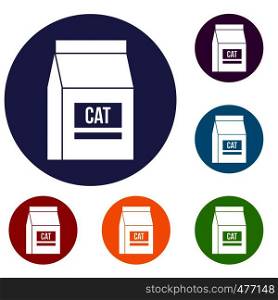 Cat food bag icons set in flat circle red, blue and green color for web. Cat food bag icons set