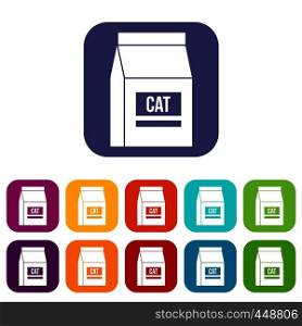 Cat food bag icons set vector illustration in flat style In colors red, blue, green and other. Cat food bag icons set flat
