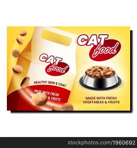 Cat Food Blank Package Promotional Banner Vector. Cat Food In Metallic Plate And Paper Bag On Advertise Poster. Nutrition Prepared From Fresh Vegetables And Fruits Style Concept Template Illustration. Cat Food Blank Package Promotional Banner Vector