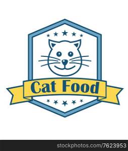 Cat food label with the head of a smiling happy cat in a hexagonal frame with a ribbon banner with the words