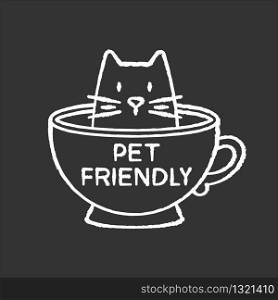 Cat friendly cafe chalk white icon on black background. Kitten permitted food service establishment. Domestic animals allowed territory, pets welcome zone. Isolated vector chalkboard illustration