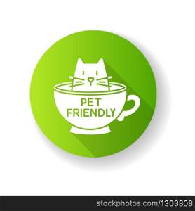 Cat friendly cafe green flat design long shadow glyph icon. Kitten permitted food service establishment. Domestic animals allowed territory, pets welcome zone. Silhouette RGB color illustration