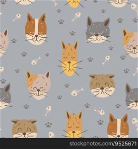Cat funny feline seamless pattern. Cats heads and fish skeletons on gray background. Scandinavian background pet. Backdrop for wallpaper, print, textile, fabric, wrapping. Vector illustration.