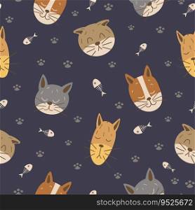 Cat funny feline seamless pattern. Cats heads and fish skeletons on gray dark background. Scandinavian background pet. Backdrop for wallpaper, print, textile, fabric, wrapping. Vector illustration.