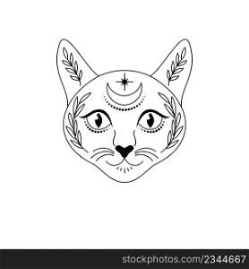 Cat head in line art style with crescent moon and plants on white background. Temporary tattoo for kids.