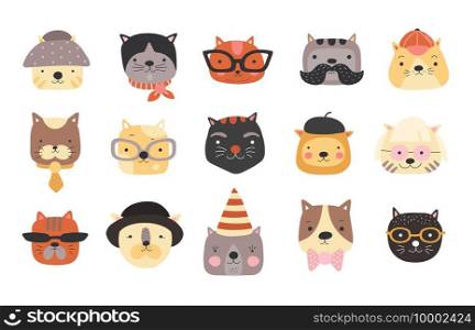 Cat heads. Cute cats muzzles with accessories, glasses and hats, bow tie and cap. Happy pets vector characters. Illustration kitten face and cat muzzle head. Cat heads. Cute cats muzzles with accessories, glasses and hats, bow tie and cap. Happy pets vector characters