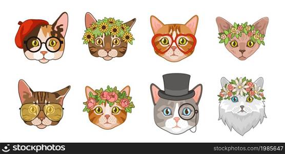 Cat heads. Cute funny cats avatar muzzles with accessories. Portraits with flower crown, hats and glasses. Ladies and gentlemen hipster animals. Fashion trendy print. Vector cartoon flat isolated set. Cat heads. Cute funny cats avatar muzzles with accessories. Portraits with flower crown, hats and glasses. Ladies and gentlemen hipster animals. Fashion trendy print. Vector set
