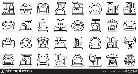Cat house icons set outline vector. Tree tower. Post house. Cat house icons set outline vector. Tree tower
