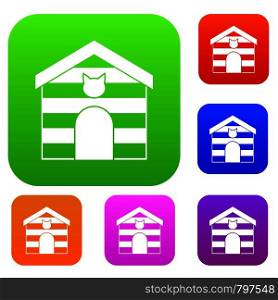 Cat house set icon color in flat style isolated on white. Collection sings vector illustration. Cat house set color collection