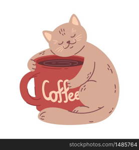 Cat hugs a big coffee cup. Vector illustration for coffee houses. Isolated on white background. Can be used for menu, logo or flyer, greeting card, design t-shirt, print or poster.