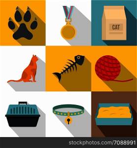 Cat icon set. Flat style set of 9 cat vector icons for web design. Cat icon set, flat style