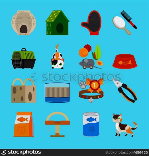 Cat icons. Pet cat toys and food signs vector illustration. Pet cat toys and food icons