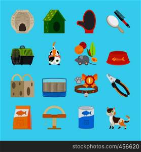 Cat icons. Pet cat toys and food signs vector illustration. Pet cat toys and food icons