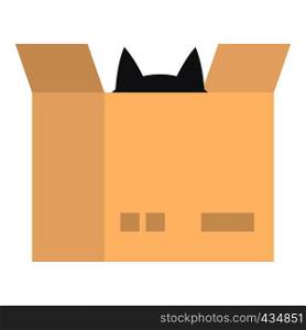Cat in a cardboard box icon flat isolated on white background vector illustration. Cat in a cardboard box icon isolated