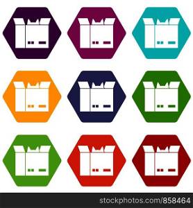 Cat in a cardboard box icon set many color hexahedron isolated on white vector illustration. Cat in a cardboard box icon set color hexahedron