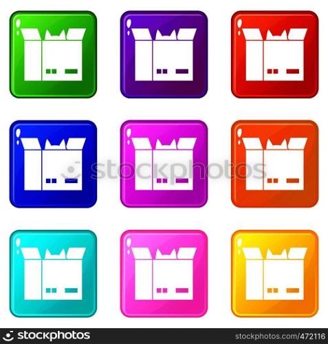 Cat in a cardboard box icons of 9 color set isolated vector illustration. Cat in a cardboard box icons 9 set