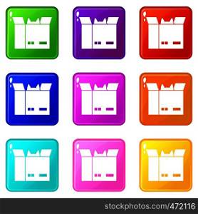 Cat in a cardboard box icons of 9 color set isolated vector illustration. Cat in a cardboard box icons 9 set