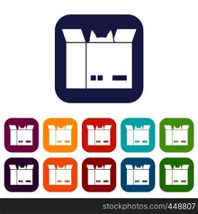 Cat in a cardboard box icons set vector illustration in flat style In colors red, blue, green and other. Cat in a cardboard box icons set flat
