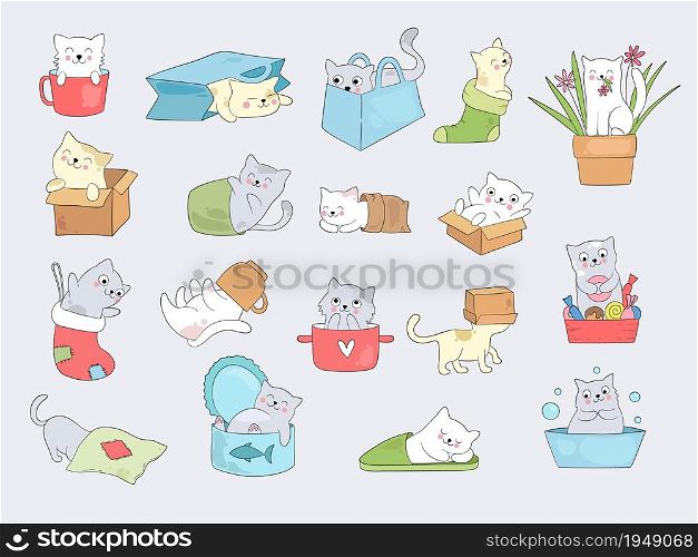 Cat in cups. Relaxing cute little kitty hide in cup or slippers vector funny illustrations. Cute kitty animal hide in socks and slippers collection. Cat in cups. Relaxing cute little kitty hide in cup or slippers vector funny illustrations