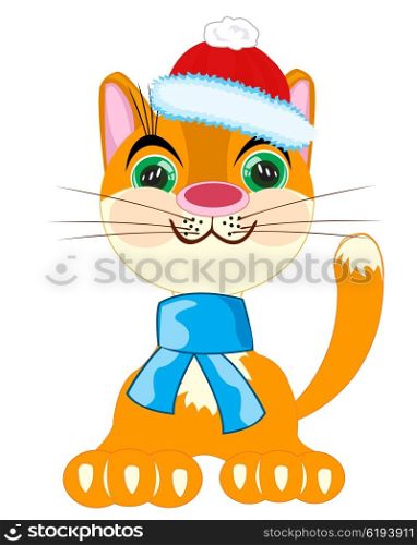 Cat in festive cloth. Redhead cat in hat and scarf on white background is insulated