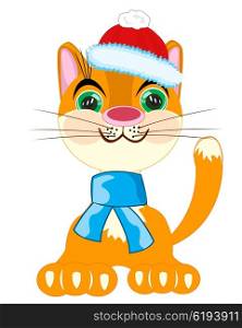 Cat in festive cloth. Redhead cat in hat and scarf on white background is insulated