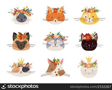 Cat in flower crown. Cute cats heads, isolated cartoon animals. Girl stickers, princesse kitten. Doodle floral wreath, pets vector avatars. Illustration of cat head cute, animal face with flowers. Cat in flower crown. Cute cats heads, isolated cartoon animals. Girl stickers, princesse kitten. Doodle floral wreath, pets classy vector avatars