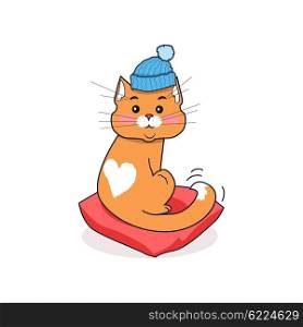 Cat in Hat Isolated Design Flat . Orange cat with a blue hat on his head sitting on a red pillow isolated on white background. Drawing cat with a white heart on the fur on back. Funny domestic animal pet kitten. Vector illustration
