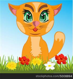 Cat in herb. Redhead cat in herb amongst flower.Vector illustration
