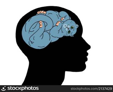 cat is a pet, companion. Thoughts in the silhouette of the head, dreams. Comic cartoon retro hand drawing illustration. cat is a pet, companion. Thoughts in the silhouette of the head, dreams.