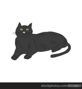 Cat is drawn in a lying position. Cat black. Design banner, poster pet store and pet supplies. Vector flat illustration.