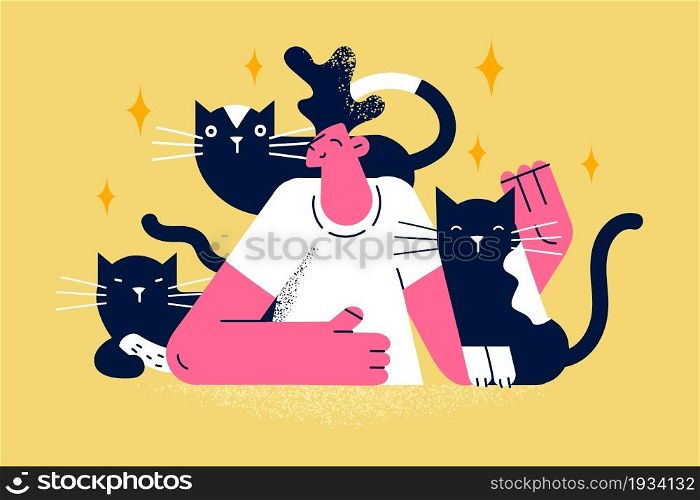 Cat lover and person concept. Young smiling man cartoon character sitting embracing three black cats enjoying pets and communication vector illustration . Cat lover and person concept.