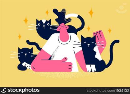 Cat lover and person concept. Young smiling man cartoon character sitting embracing three black cats enjoying pets and communication vector illustration . Cat lover and person concept.