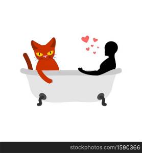 Cat lover in bath. my kitty. Passion feelings among lovers. Joint bathing. Pet and guy. Romantic date