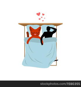 Cat lover in bed. my kitty. Lovers in Bedroom. Pet and guy. Romantic date
