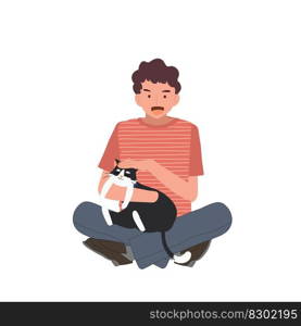 Cat lovers concept. a man holding, hugging, kissing his cat with love as a cat person. Flat vector cartoon illustration