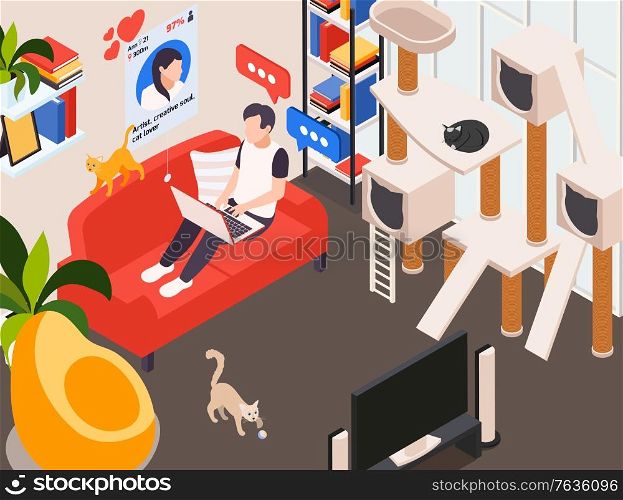 Cat lovers online dating app isometric composition with man home on sofa messaging heart symbols vector illustration
