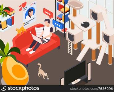 Cat lovers online dating app isometric composition with man home on sofa messaging heart symbols vector illustration
